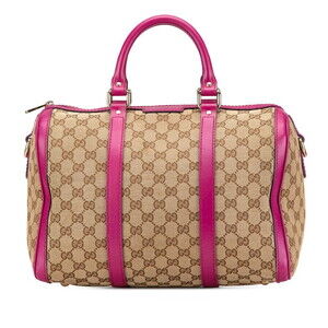 Gucci GG Canvas Boston Bag Beige Tan Purple Leather